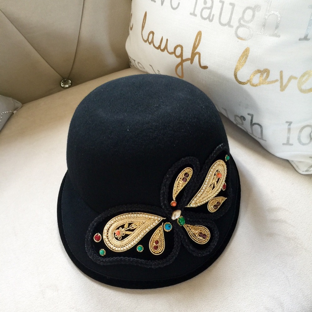 Eric Javits Velour Paisley wool hat black gold NWT
